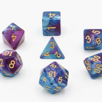 Würfel Set 7 teilig purple-blue gold numbers tabletop-universe