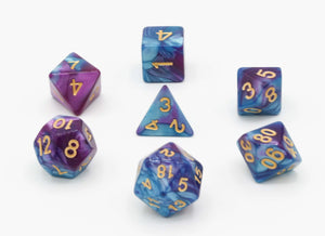 Würfel Set 7 teilig purple-blue gold numbers tabletop-universe